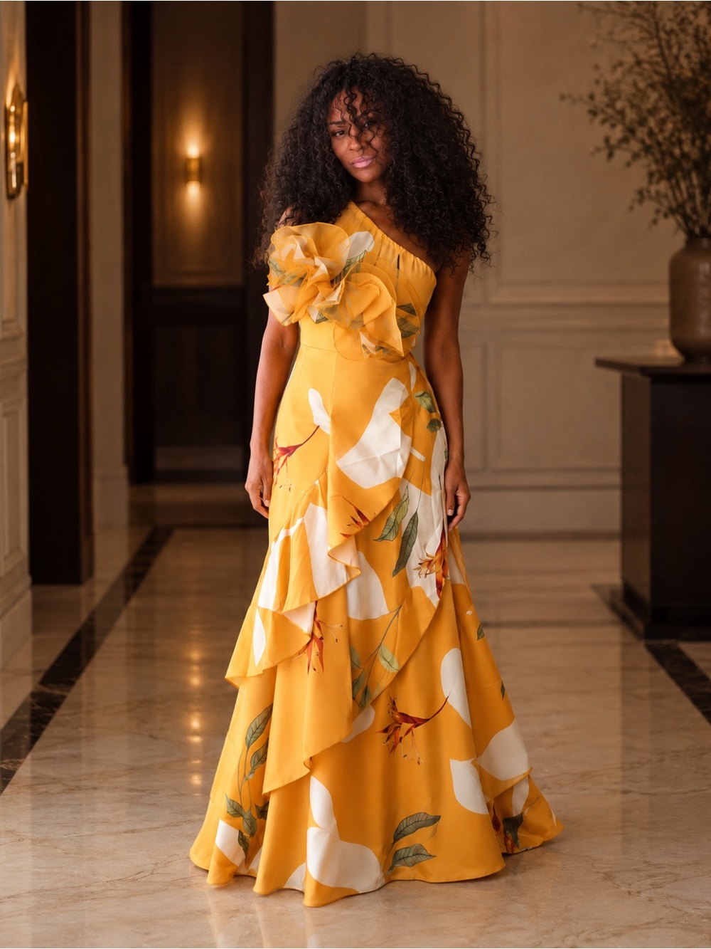 JardinVue 3D Floral One-Shoulder Ruffle Maxi Dress Yellow Size S